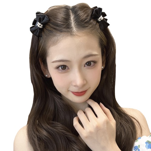 Black Two-Sided Bow Hair Clip Princess Hair Pin Satin Surface Pearl Small Forehead Hair Clip Fringe Hair Clip Hairpin Head Accessory