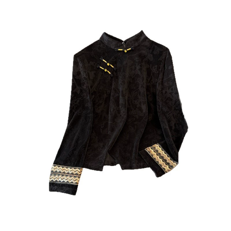 2025 Autumn and Winter New Chinese Retro Women's Stand-up Collar Button Small Shirt National Style Chic Slit Versatile Bottoming Shirt Top