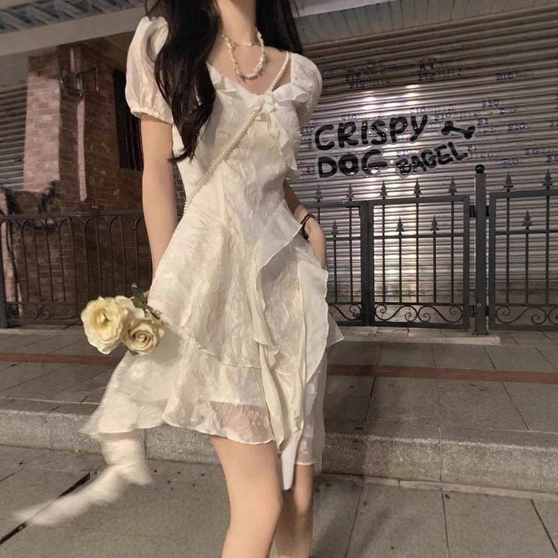 Tea Break French Style First Love White Irregular Dress for Women 2025 Summer Super Fairy Seaside Vacation Princess Dress for Petite Women