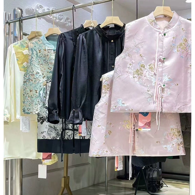 2024 новый модный топ маленький ароматный ветер новый китайский стиль розовый жемчуг пряжка жаккардовый бренд со скидкой