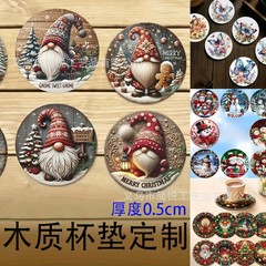 跨境新品圣诞节圆形木质杯垫装饰家居咖啡餐厅酒馆桌面派对装饰品