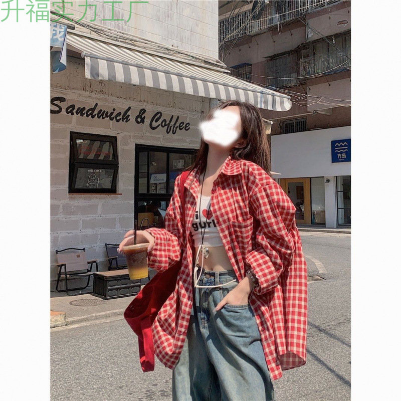 レトロな赤いチェック柄のアウターシャツ新しい多用途の女性の夏のルーズカジュアルアウターニッチカーディガン薄手のジャケット|undefined