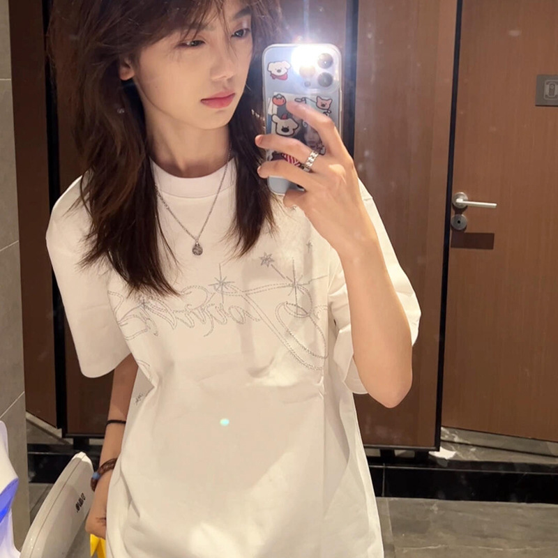 YLJZZ 简约银色图案短袖T恤女美式设计感宽松显瘦百搭上衣ins|undefined