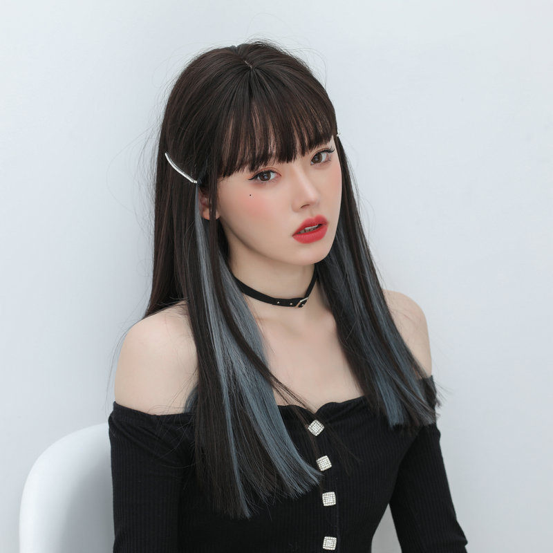 Women photo shooting wig Hanging ears Highlight Straight hair wig female Air bangs natural black long straight long hair wig set