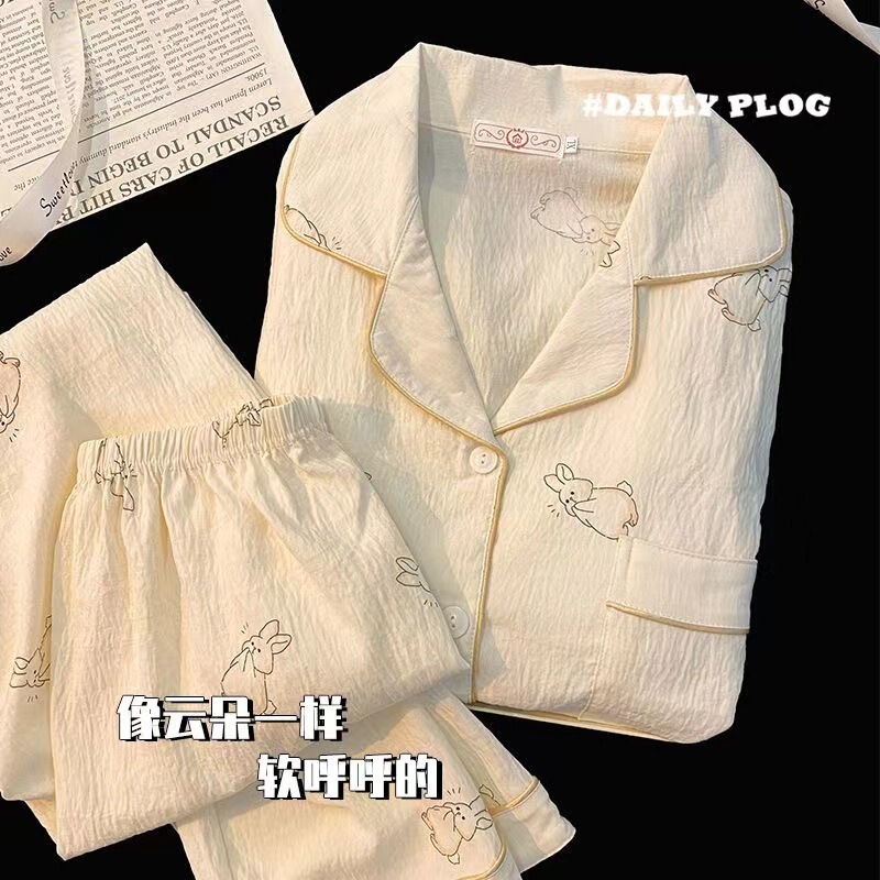Cute Rabbit Long Sleeve Pajamas Women's Spring and Autumn Thin Cloud Cotton Gauze Suit 2025 New Summer Outerwear Home Clothes Cute Rabbit Long Sleeve Pajamas Women's Spring and Autumn Thin Cloud Cotton Gauze Suit 2025 New Summer Outerwear Home Clothes