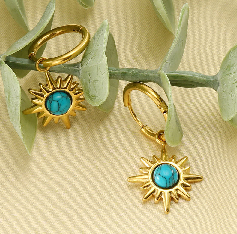 8g Weight Vacuum Plating Gold Plating Process 1 Pair Fashion Sun Plating Inlay 304 Stainless Steel Turquoise 18K Gold Plated Stainless Steel Earrings