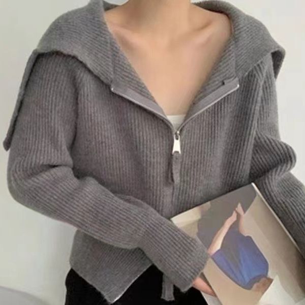 デザイン感のあるジッパーのカーディガンのセーターのコートの女性の秋冬の優しい風のニットのchiの外は底のシャツの上着を着ます。|undefined