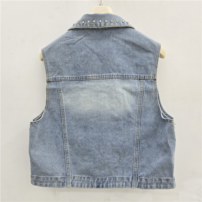 Estación europea 2026 primavera y verano nuevo diseño de industria pesada con bordas de diamante sin mangas corto chaleco de vaqueros chaqueta de mujer