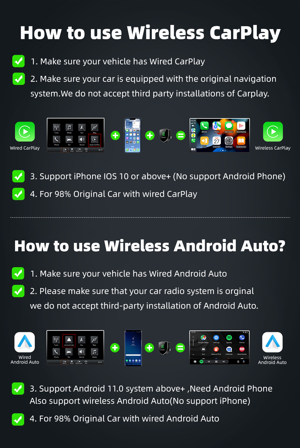 Original car wired to wireless CarPlay Android Auto 2-in-1 smart car connectivity adapter