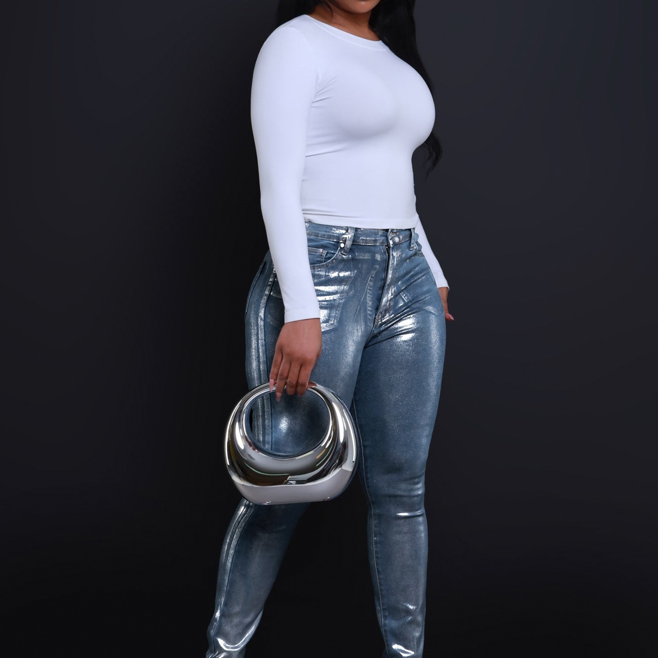 HR88011 欧美女装 亚马逊爆款  烫金工艺 烫银色紧身弹力牛仔裤