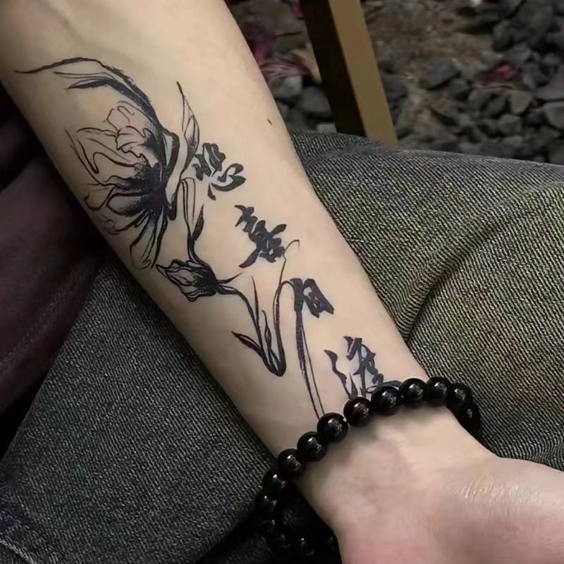 Guofeng Lotus Text Sadness and Joy Self-crossing High Color Value Permanent Herbal Juice Tattoo Sticker Waterproof Arm Lasting Reflective