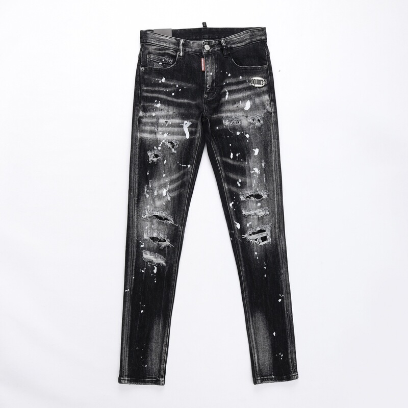 Cross-Border 2024 Personalized Stretch Washed Ink-Sprayed Skinny Nightclub Fashion Ripped Dsq2 Jeans for Men