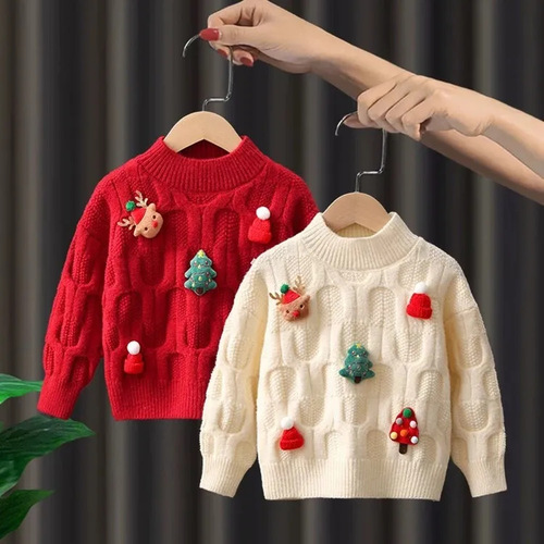 Girls' Korean-style Sweater—New Autumn/Winter Style, Stylish Children's Winter Outfit—Baby Girl's Christmas-Style Knitted Base Layer Sweater