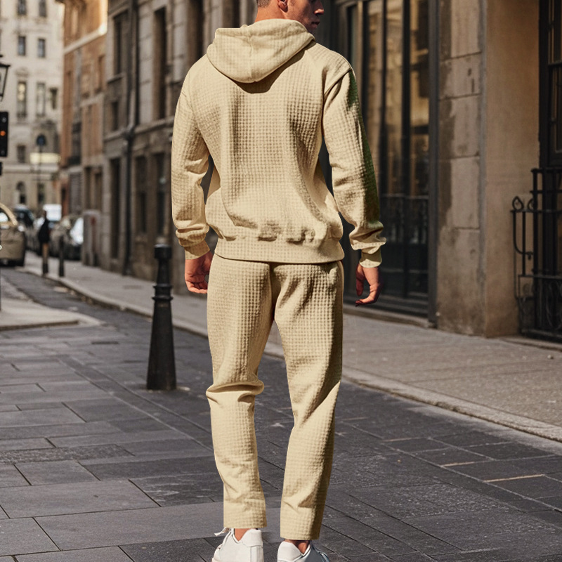 Men's Clothing heavy jacquard small square long sleeved trousers hooded suit _voghion.com