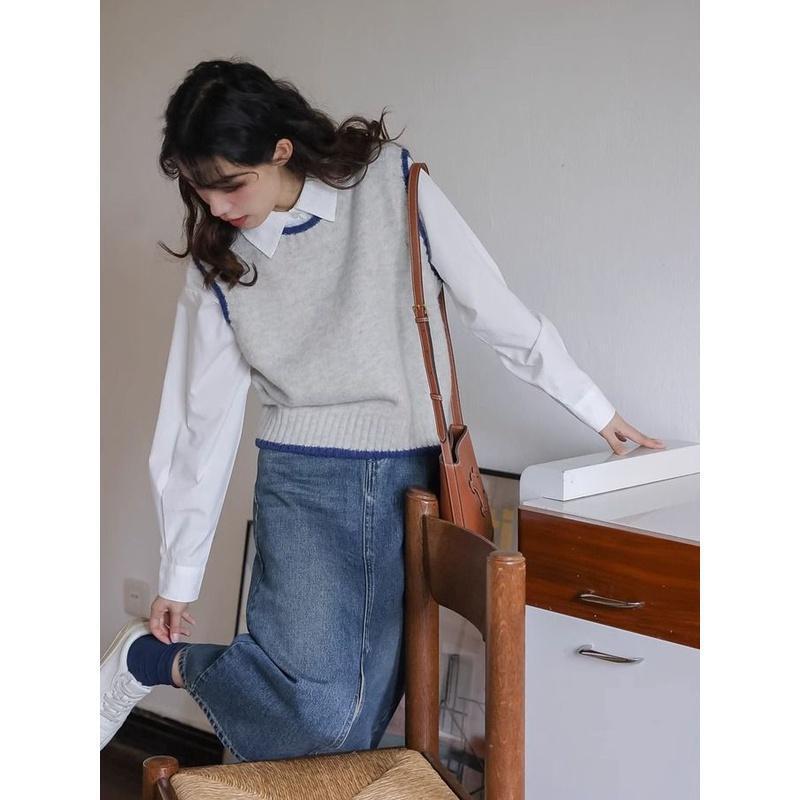 Autumn Outer Wear Sleeveless Autumn and Winter Outer Wear Shirt Stacked Waistel Small Chanel Style Grey Knitted Sweater Vest Women's Vest