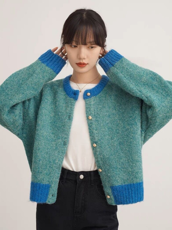 法式撞色毛衣外套女冬季新款慵懒风设计感小众软糯针织开衫|undefined