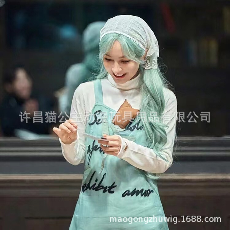 Factory wholesale Wu Xin fresh fairy wind points wave long curly hair green hair elf cos wig rose net