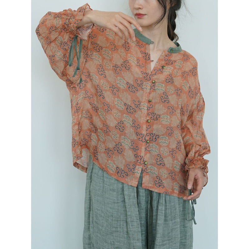 Original Retro Artistic New National Trend Color-Blocking Loose Shirt, Chinese Style Bell-Sleeve Ramie Cardigan S23074