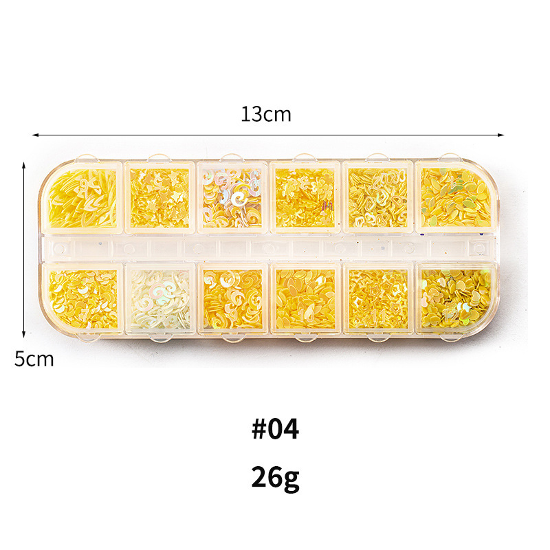 Taifei uñas caja de tira larga lentejuelas 12 rejilla caja de tira larga parche de uñas DIY uñas lentejuelas uñas traje de joyería