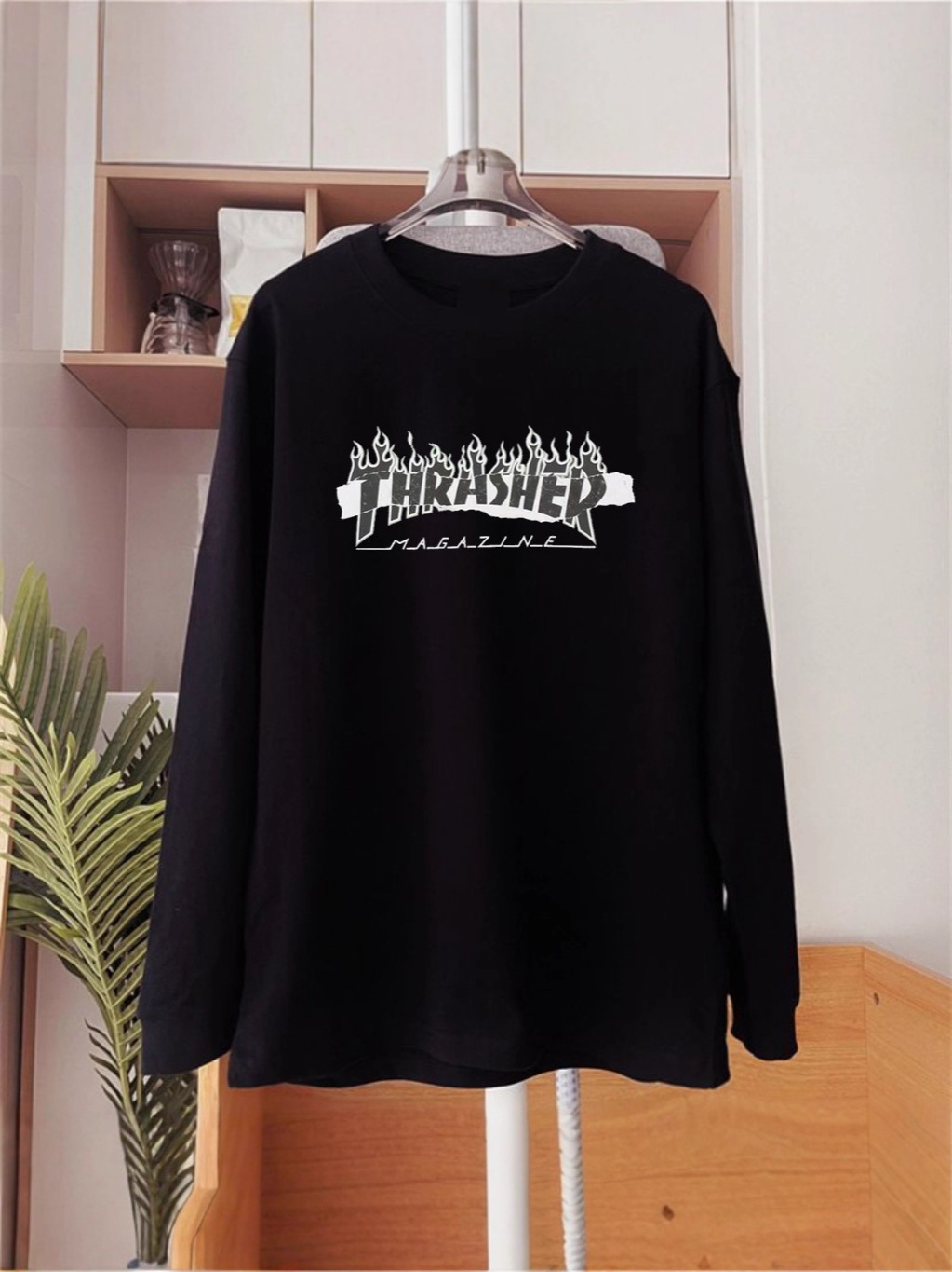 Comercio extranjero transfronterizo Thrasher edición americana limitada multicolor medusa llama cuello redondo camiseta de manga larga camiseta de base para hombres y mujeres