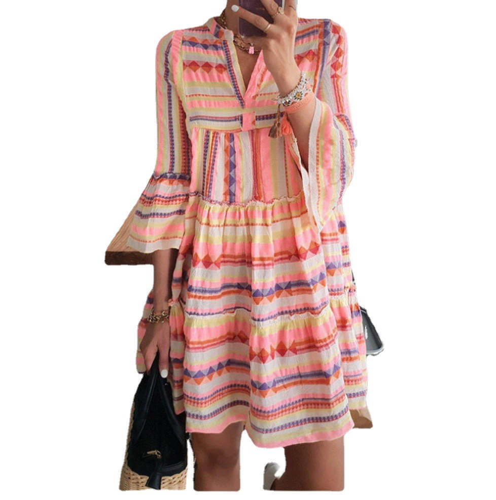 2023 трансграничное Европейское и американское летнее Новое Женское платье, Горячая продажа, юбка с V-образным вырезом и геометрическим принтом, многоцветная, многоразмерная