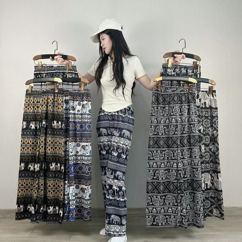 东南亚爆款民族风泰国大象阔腿裤女沙滩裤夏季薄款高腰显瘦直筒裤
