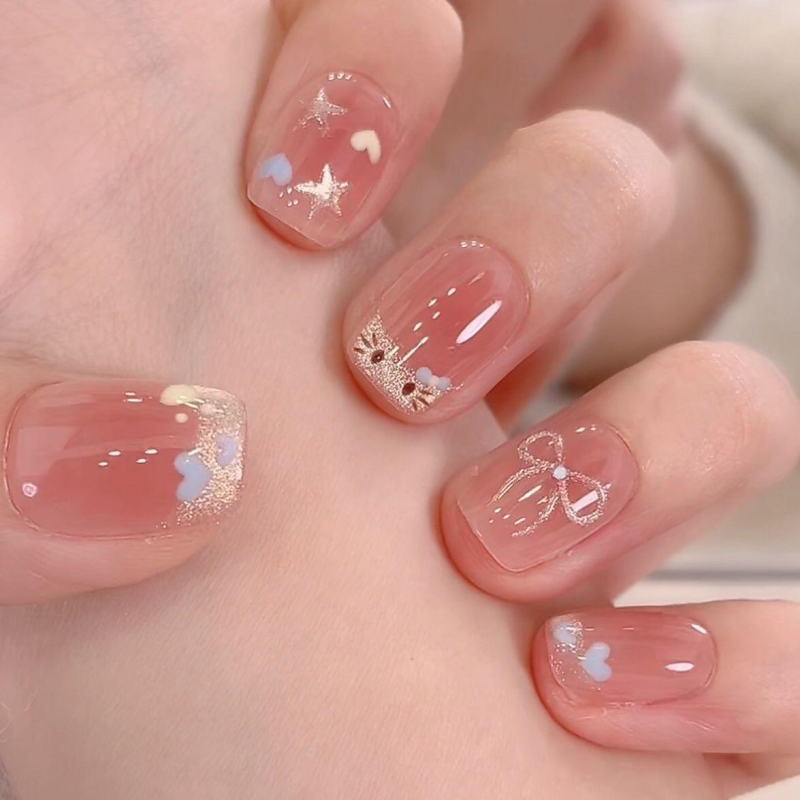 Short Wearable Nails New French Style Short Kt Cat Pink Heart Bow Nail Art Cute Student Party Removable