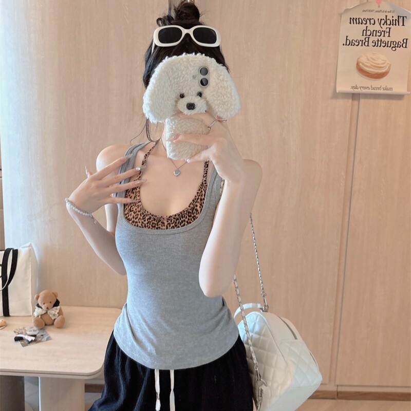 6122 # Retro American Hot Girl Leopard Print Camisole Summer Versatile Slimming Bottoming Inner Wear Beautiful Back