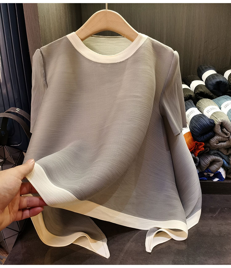 Áo thun nữ cổ tròn tay lỡ phối màu tương phản, dáng rộng xếp ly bất đối xứng — Màu xanh, Màu tím hồng, Màu đỏ hoa hồng, Màu hồng chi tiết 28