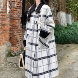 跨境韩系格纹毛呢外套女秋冬长款时尚高级感牛角扣直筒呢子大衣女