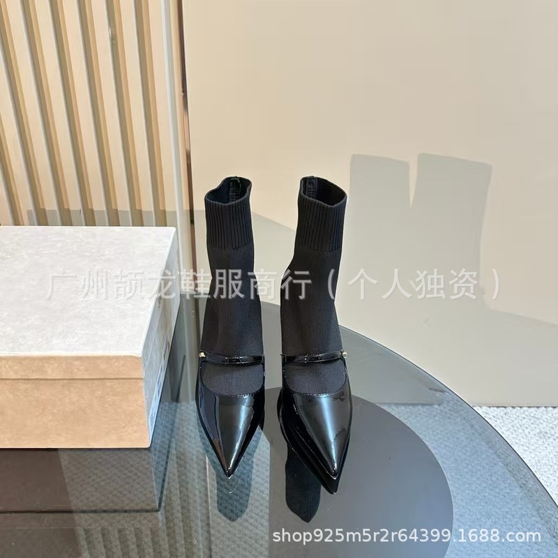 高端2025秋冬真皮尖头拼色细跟针织弹力高跟短靴瘦瘦靴时装单靴女|undefined