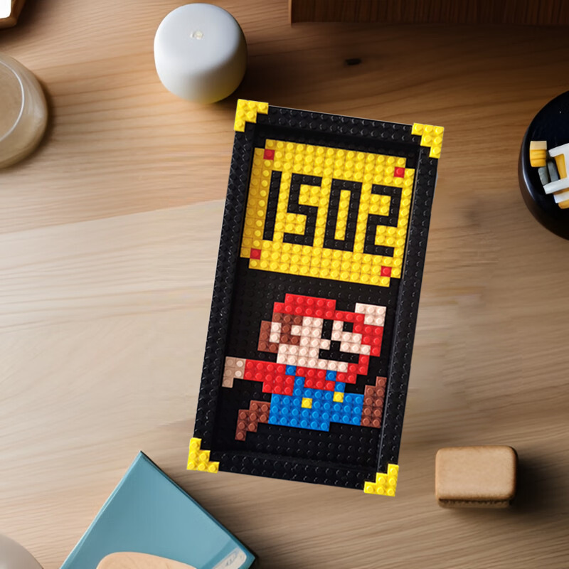 マリオの積み木の立体の額縁の表札のスーパーメアリーの指示札は戸口に入って装飾してピクセルの絵の札をつづり合わせます。|undefined