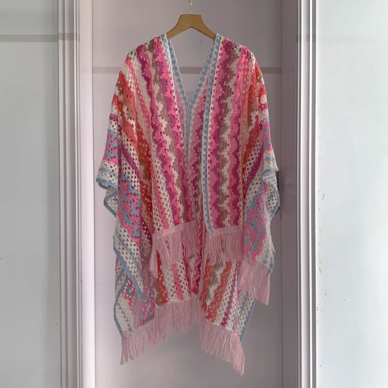 Nuevo chal de mujer, tiras de color, suéter de punto, foto de viaje, capa étnica de todo fósforo, capa de todo fósforo, viaje