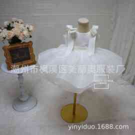 亚马逊跨境周岁礼服女童小公主粉色缎面蝴蝶结蓬蓬裙周岁走秀礼服