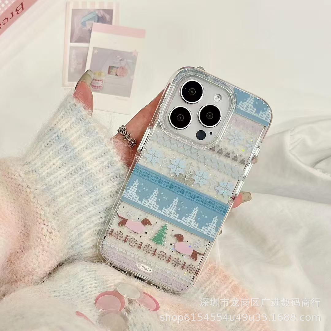 Ins brillo copo de nieve castillo salchicha perro apple iphone14 estuche para teléfono móvil Apple 16ProMax 15Pro hembra 13