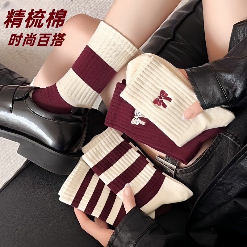 Angora red socks women's cotton socks wine red autumn and winter stockings spring and autumn 2024 new Zhuji