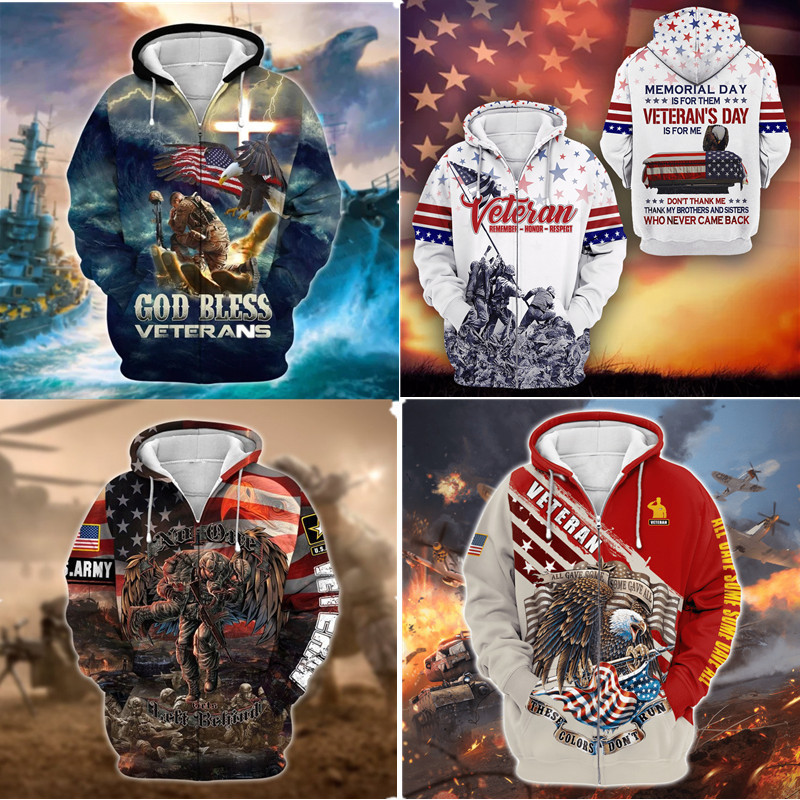 New autumn and winter American flag army series yuan 3D digital printing casual hooded sweater factory direct delivery