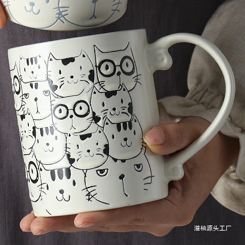 セラミック下絵色手描きかわいい猫マグドリンクカップ朝食カップオートミールカップカップルマイクロオーバーフロー|undefined