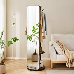 無垢材全身鏡 フロアミラー 寝室 玄関 モバイルフィッティングミラー 洋服掛け付き 一体型ドレッシングミラー シンプル