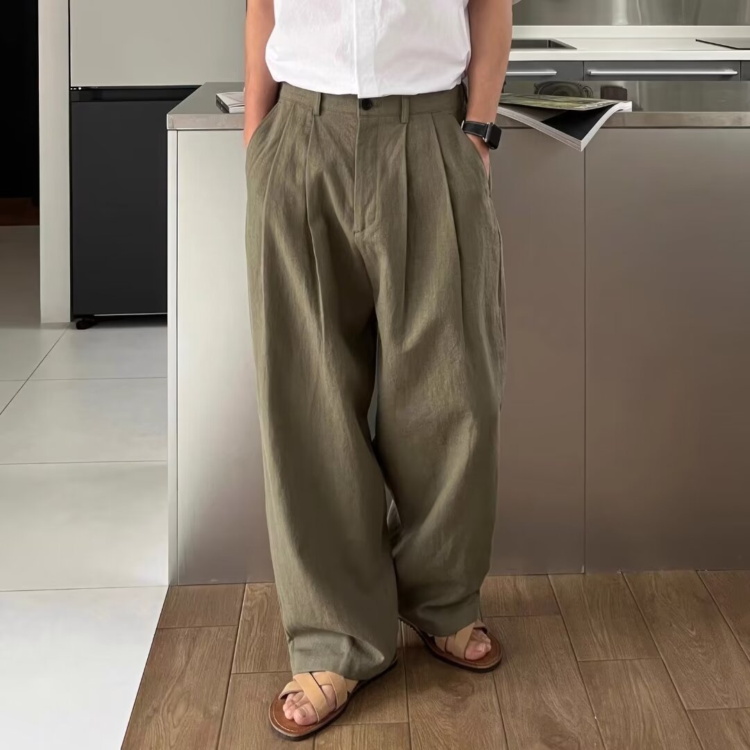 Summer Thin Loose Cotton Linen Pants Men's Korean Wide Leg Suit Pants Fashion Mopping Army Green Casual Linen Trousers