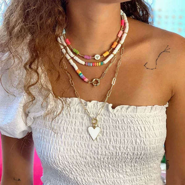 Bohemian Ethnic Beach Ins Style Necklace Chain with Soft Clay Oil Drop Heart Sailor Buckle Set and Mother-Of-Pearl