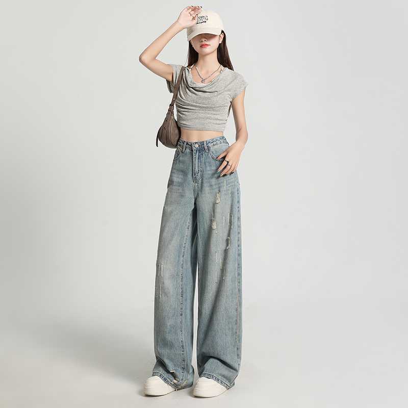 Retro Washed Scratched and Frayed Design Jeans for Women, High-waisted Loose Straight-leg Mr. Wide-leg Floor-length Pants
