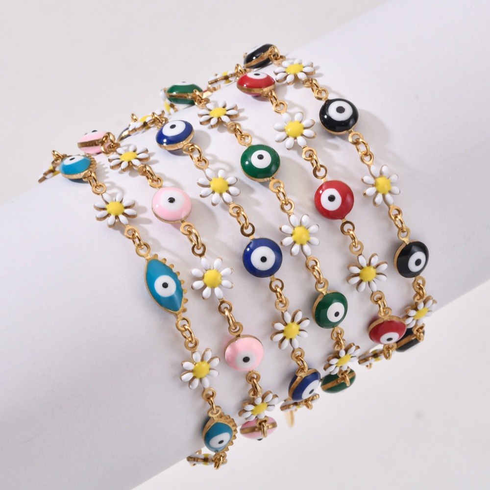 13g Weight Bracelets Classification 1 Piece Quantity Daily Occasion Stainless Steel Material Devil'S Eye, Flower Pattern Women's Gender Enamel Design Cute Style Cute Devil's Eye Flower Stainless Steel Enamel Bracelets 7