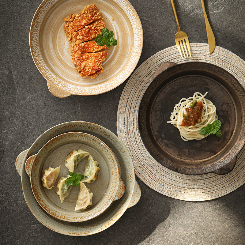 Logotipo personalizado Snacks de cerámica gruesa Plato de frutas Plato de postre Plato de oreja de gato Plato retro binaural Cerámica Kung Fu Juego de té