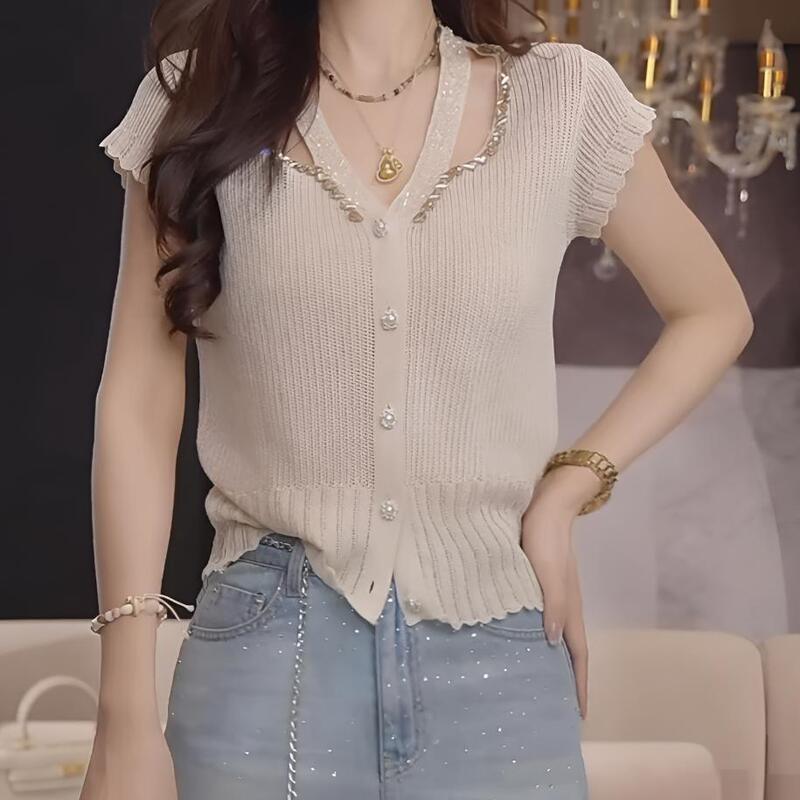 Unique and Beautiful Small Flutter-Sleeve Knit Top, 2026 Summer New French Design, Stylish Niche Short-Sleeve Blouse for Women Unique and Beautiful Small Flutter-Sleeve Knit Top, 2026 Summer New French Design, Stylish Niche Short-Sleeve Blouse for Women