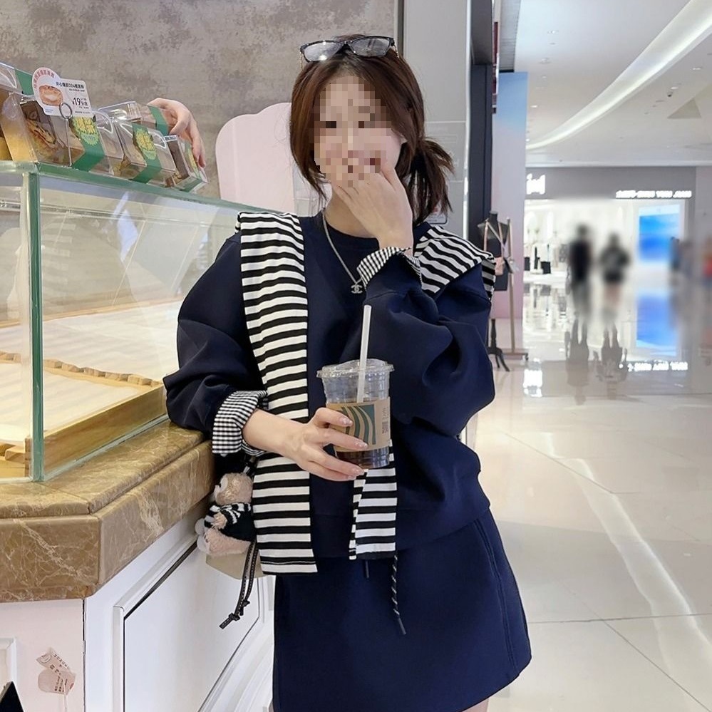 撞色条纹披肩叠穿韩系宽松长袖卫衣高腰抽绳半身裙女早秋两件套潮