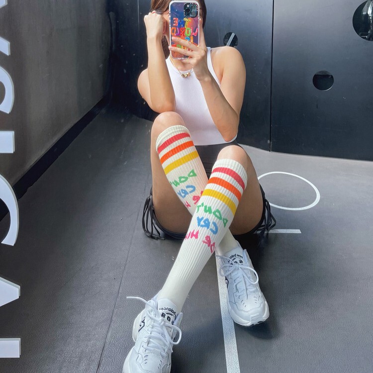 Yoga Sports Calf Socks, Knee-High Running Socks, Trendy Sports Socks, Rainbow Striped Mid-Calf Socks, Breathable Long Socks for Women