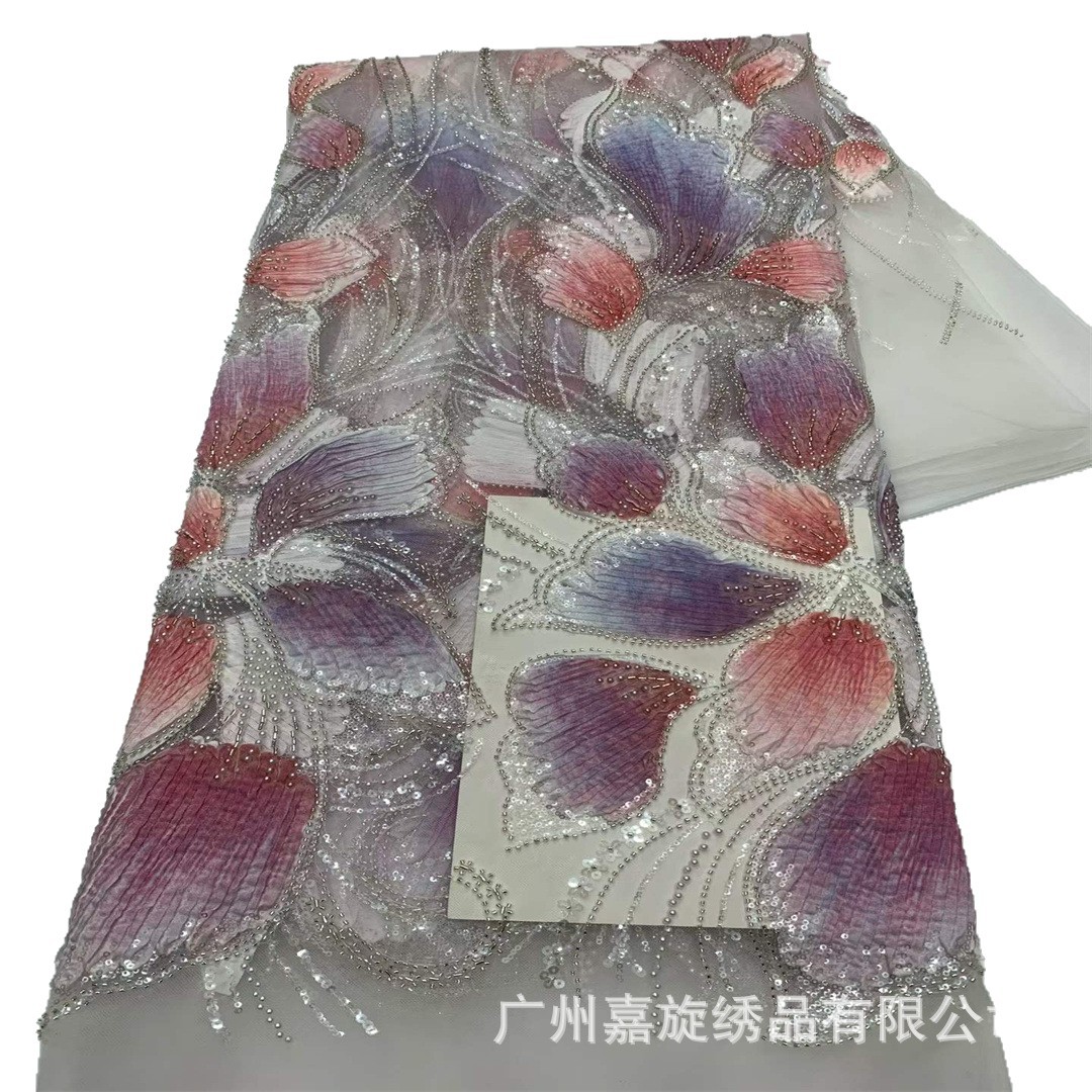 Nueva tela bordada de una sola cara con bordado tridimensional, tela de encaje de malla con cuentas hecha a mano, material para vestidos de novia del sudeste asiático y ropa de espectáculo.