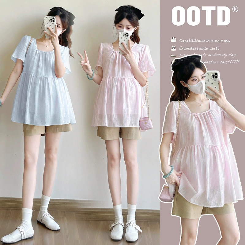 Одежда для беременных, новая летняя модная свободная и универсальная рубашка с короткими рукавами и квадратным воротником, корейская версия, милая и тонкая модная рубашка для мамы