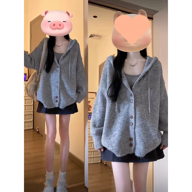 慵懒风开衫外套女灰色连帽毛衣秋冬季韩系穿搭oversize针织衫上衣|undefined